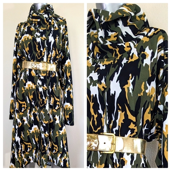 "Ashley Stewart" Camo Drapey Cowl Neck Bodycon Asymmetric Army Fatique Dress - Picture 3 of 15